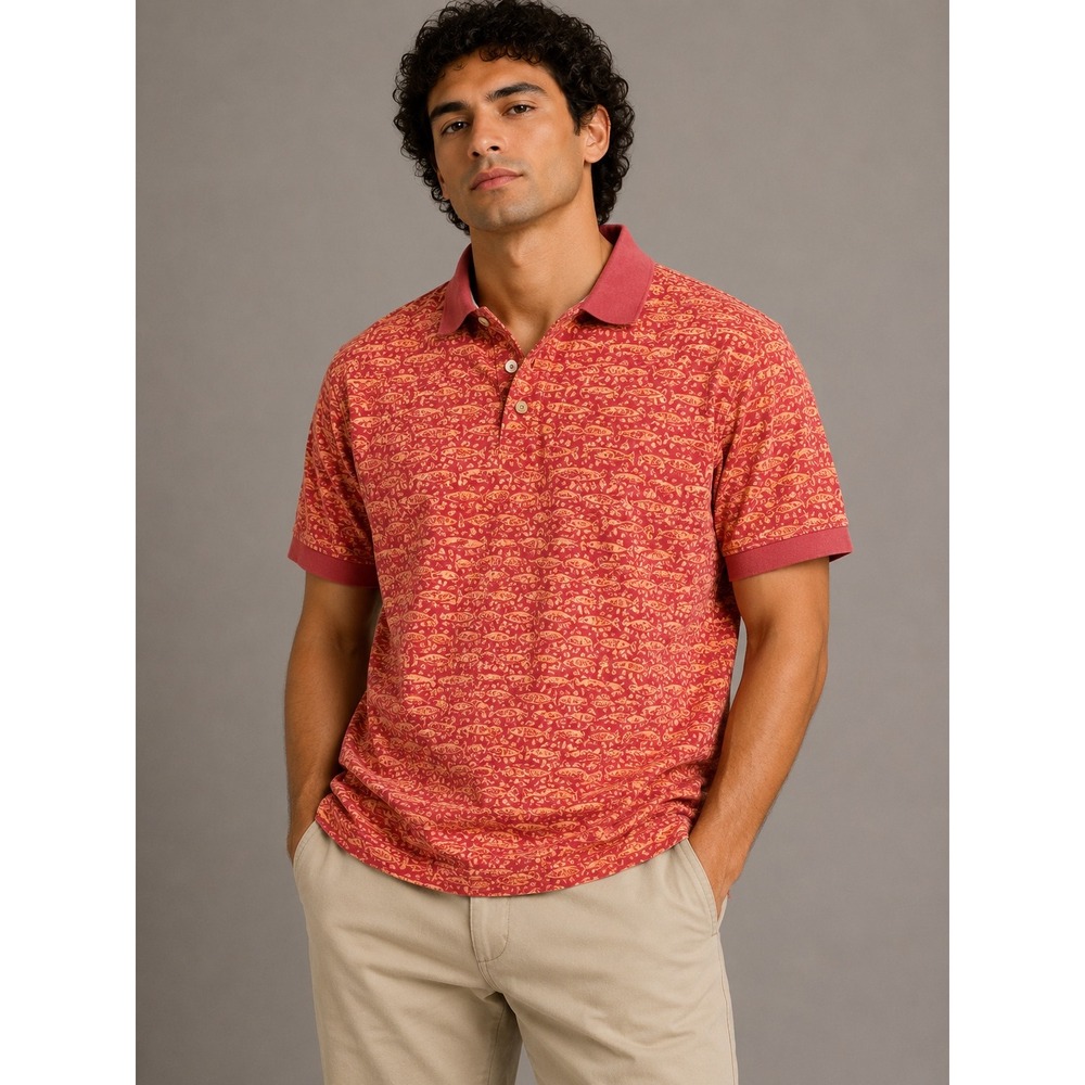 Woolrich Mens XL Polo Shirt Red Orange Fish Print Short Sleeve Cotton Turkey |G1
